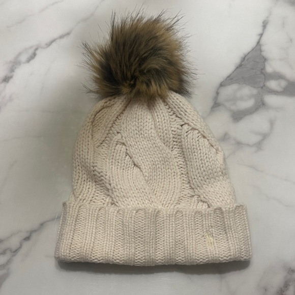 Ralph Lauren Accessories - Ralph Lauren Cream Cable Knit Hat with Faux Fur Pom-Pom